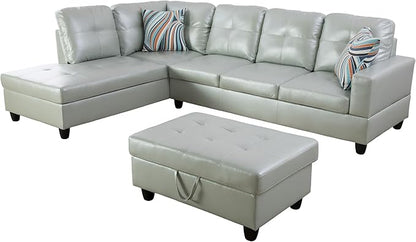 L Shaped Couch PU Leather Sectional Couch Upholstered 3 Pieces Sofas for Living Room with Chaise, Storage Ottoman for Office and Small Apartment, Silver Green