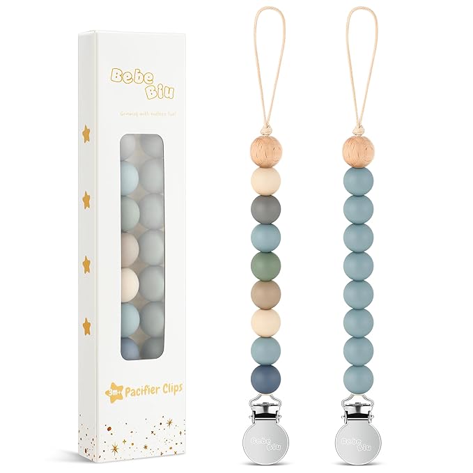 2 Pack Pacifier Clips, Silicone Pacifier Clip for Baby Boys and Girls, Baby Pacifier Strap with Silicone Beads, Soother Dummy Holder, Pacifier Holder, Keeps Pacifier Clean (Wilderness/Ether)
