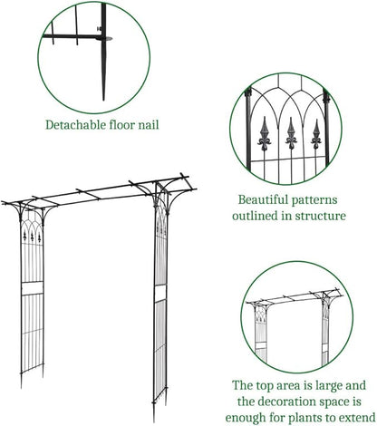 7FT Metal Garden Arch Trellis, Heavy Duty Metal Garden Arbor with Stakes for Climbing Plants Outdoor Patio, Stable Trellis Arch for Wedding Ceremony Party, 81" L x 16" W x 82" H, Black, 13mm
