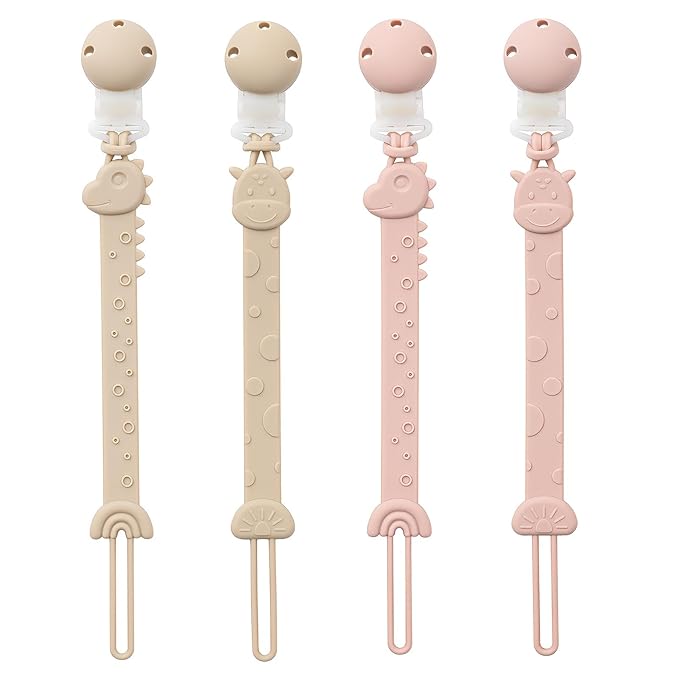 Pacifier Clips for Baby Boys Girls, One-Piece Silicone Pacifier Holder Strap 4 Pack, Binky Paci Clips Animal Rainbow Design, Lightweight Break-Resistant, Dishwasher Safe-Ivory+Blush