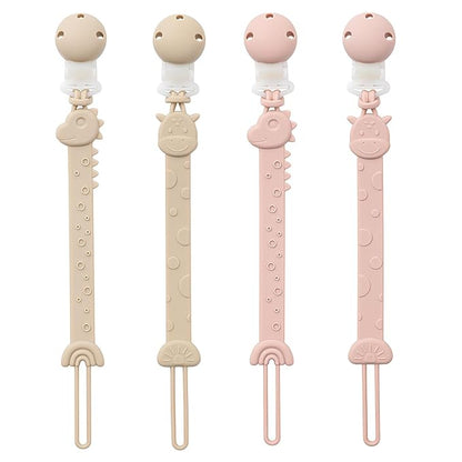 Pacifier Clips for Baby Boys Girls, One-Piece Silicone Pacifier Holder Strap 4 Pack, Binky Paci Clips Animal Rainbow Design, Lightweight Break-Resistant, Dishwasher Safe-Ivory+Blush