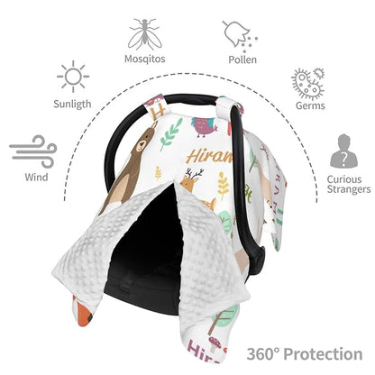 Personalized Name Car Seat Covers for Babies, Peekaboo Opening Car Seat for Baby Boys Girls, Multi Use Mom Nursing Breastfeeding Covers, Minky Carseat Canopy for Newborn Infant, Cute Animal
