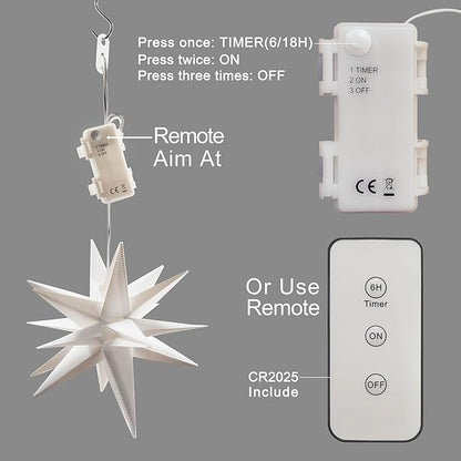 Leejec 9.4" Moravian Star Outdoor Light with Remote Control, Christmas Decorations, Indoor Hanging, Warm White LED Light, Battery Operated with Timer Function, 4-Pack, Tree, Ceiling, Balcony Décor