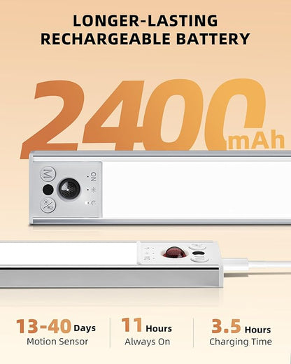 EZVALO 10inch Under Cabinet Lighting, LED Motion Sensor Light Indoor, 2400mAh USB Rechargeable Closet Lights, Dimmable & Magnetic Wireless Under Counter Lights for Kitchen, Pantry, Stairs (2 Pack)