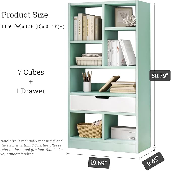 IOTXY Wooden Open Shelf Bookcase - 51 Inches Height Freestanding Display Storage Cabinet Organizer with 7 Cubes and a Drawer, Floor Standing Bookshelf in Tiffany-Green