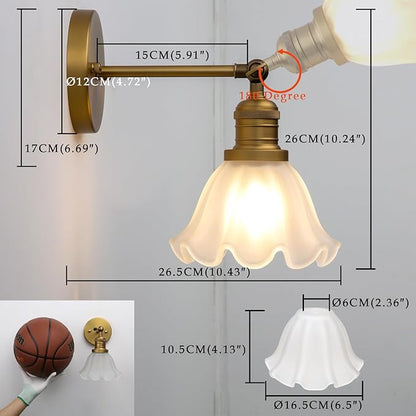 Phansthy Vintage Wall Sconces with Frosted Glass Lampshade 180 Degree Adjustable Brass Sconces Modern Glass Wall Lighting Fixture for Bedside Bedroom Doorway Bathroom (Antique)