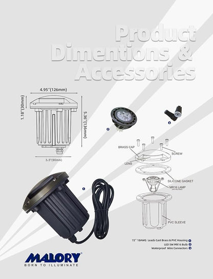MALORY Low Voltage Landscape Well Lights,（5‘’H 12V Brass Top Cover Outdoor In Ground Lights,Landscape Lighting for Pathway, Driveway and Garden (One-Direction Turret, 1-Pack with Bulb)