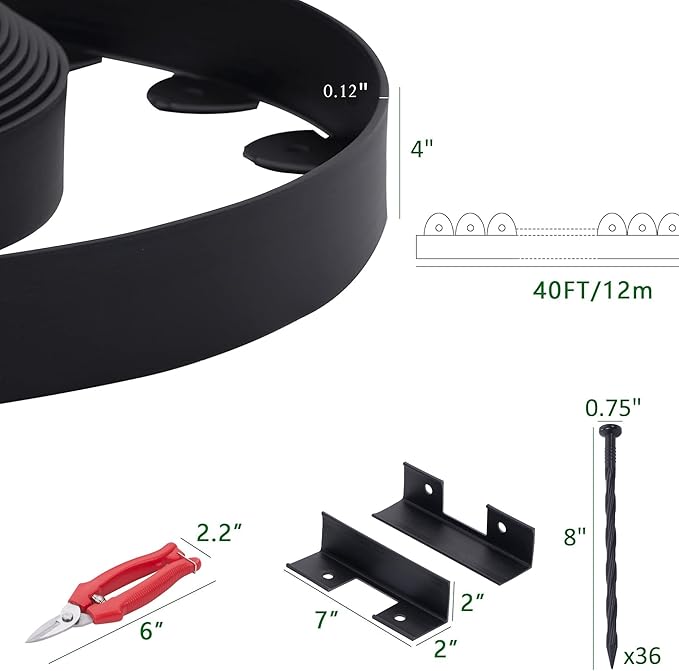 Landscape Edging, 40' 4" Tall Garden Edging with Scissors, Lawn Edging with 36 Garden Spikes and 2 Connectors, Heavy Duty PP&PE Material Edging for Landscaping, Garden, Lawn, Black