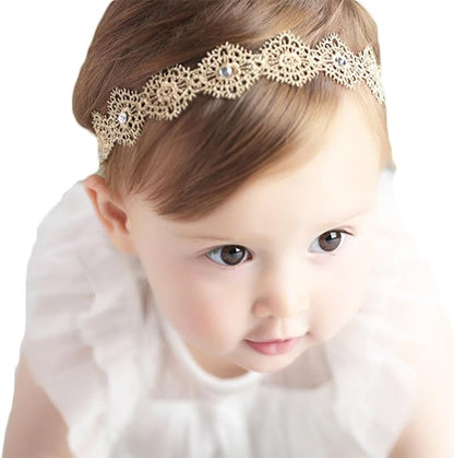 DANMY Baby Girl Super Elastic Headband,Cotton Lace Toddler Hair Band,Infant Soft Turban Hair Accessories Set (gold 1pcs)