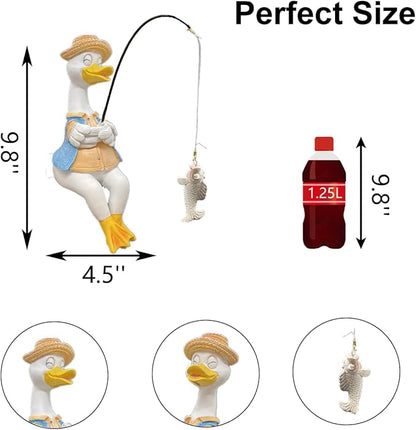 Duck Fishing Statue Garden Decor – 9.8" Weatherproof Resin Duck Fishing Sculpture Decor for Fish Ponds, Koi Ponds, Waterfalls, Poolside & Outdoor Gardens– Resin Figurine for Indoor & Outdoor Décor