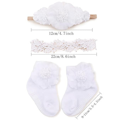 cherrboll Baby Girl Headbands and Socks Set, 3Pcs Soft Floral Hairbands Hair Bows Knit Socks for Newborn Infants Toddlers Photography Props Gifts