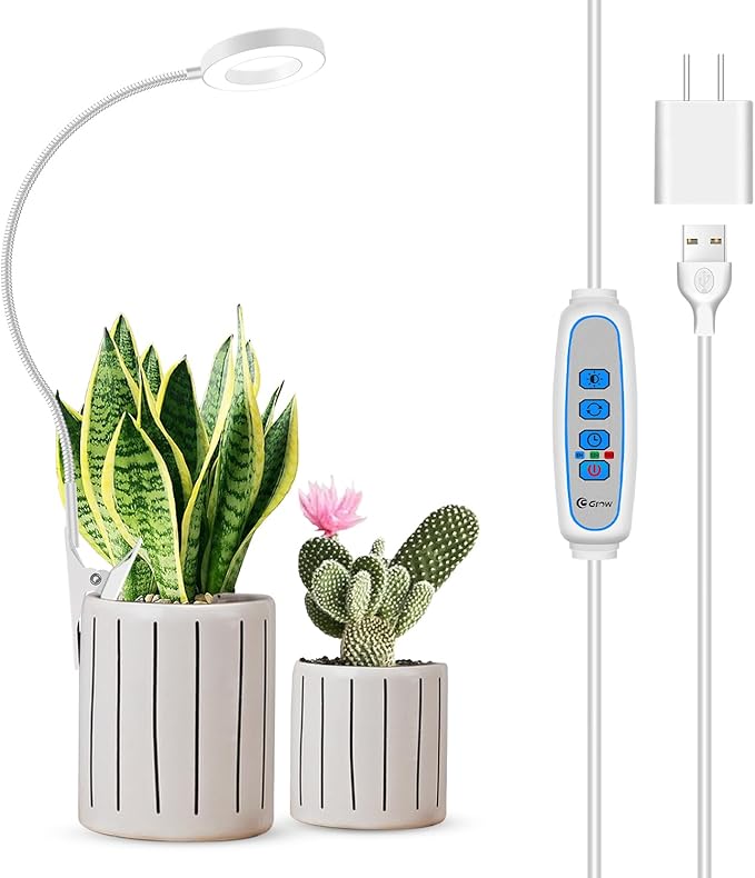 Grow Light, LED Full Spectrum Plant Light for Indoor Plants, 2 Mounting Methods Clip or Plug, White Halo Plant Growing Lamp with 3 Light Modes, 6/12/16H Timer, 5 Level Dimmable