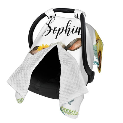 Personalized Baby Car Seat Canopy for Babies with Name, Custom Sunflower Cow Stroller Car Seat Covers for Girls, Minky Nursing Carseat Cover for Breastfeeding, Car Seat Canopies for Newborn
