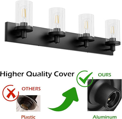 Aipsun Bathroom Vanity Light Farmhouse 4 Light Matte Black Vanity Lighting Fixtures with Clear Glass Shade(Exclude Bulb)