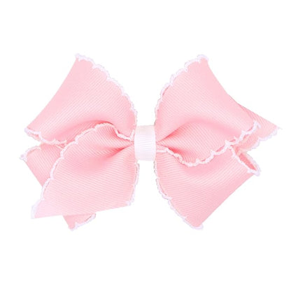 Wee Ones Girls' Classic Grosgrain Moonstitch Edge Hair Bow, No-Slip Hair Clip, Handmade, Light Pink with White, Small