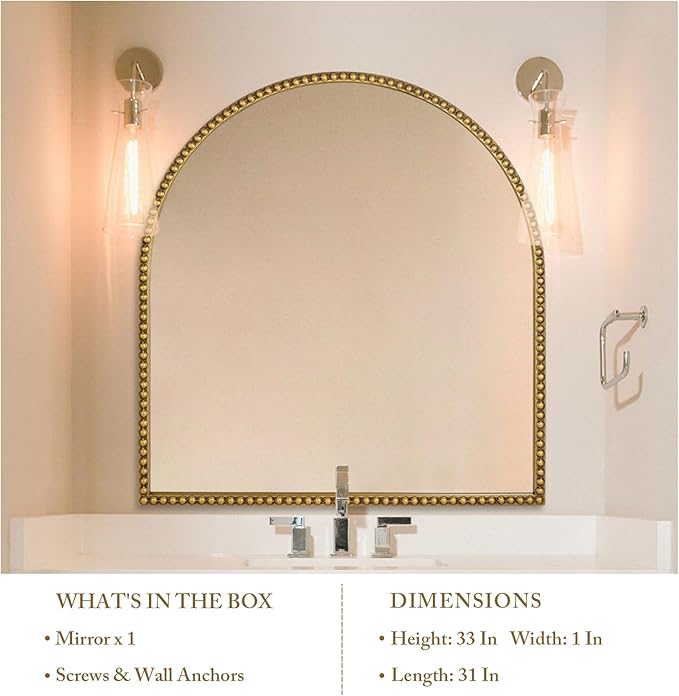 33x31 Inch Arched Bathroom Mirror, Antique Gold Wall Mirror Metal Beaded Frame, Vanity Mirror for Dresser Living Room Bedroom Mantel Entryway Hallways