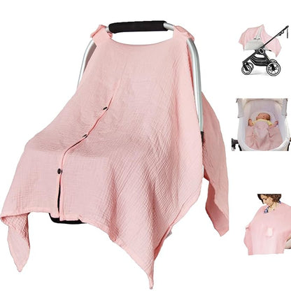 Organic Cotton Muslin Baby Car Seat Cover, Multi Use for Nursing Cover,Breathable Carseat Canopy for Boys Girls (Pink)