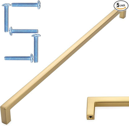 KOOFIZO Solid Square Bar Cabinet Handle - Brushed Gold Furniture Pull, 12.6 Inch/320mm Screwhole Distance, Pack of 5 for Kitchen Cupboard Door, Bedroom Dresser Drawer, Bathroom Wardrobe Hardware
