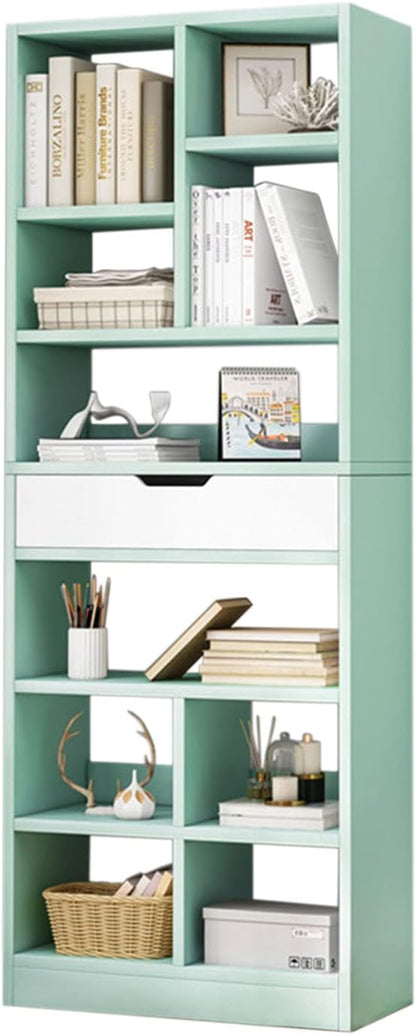 IOTXY Wooden Open Shelf Bookcase - 71 Inches Tall Freestanding Display Storage Cabinet Organizer with 10 Cubes and a Drawer, Floor Standing Bookshelf in Tiffany-Green