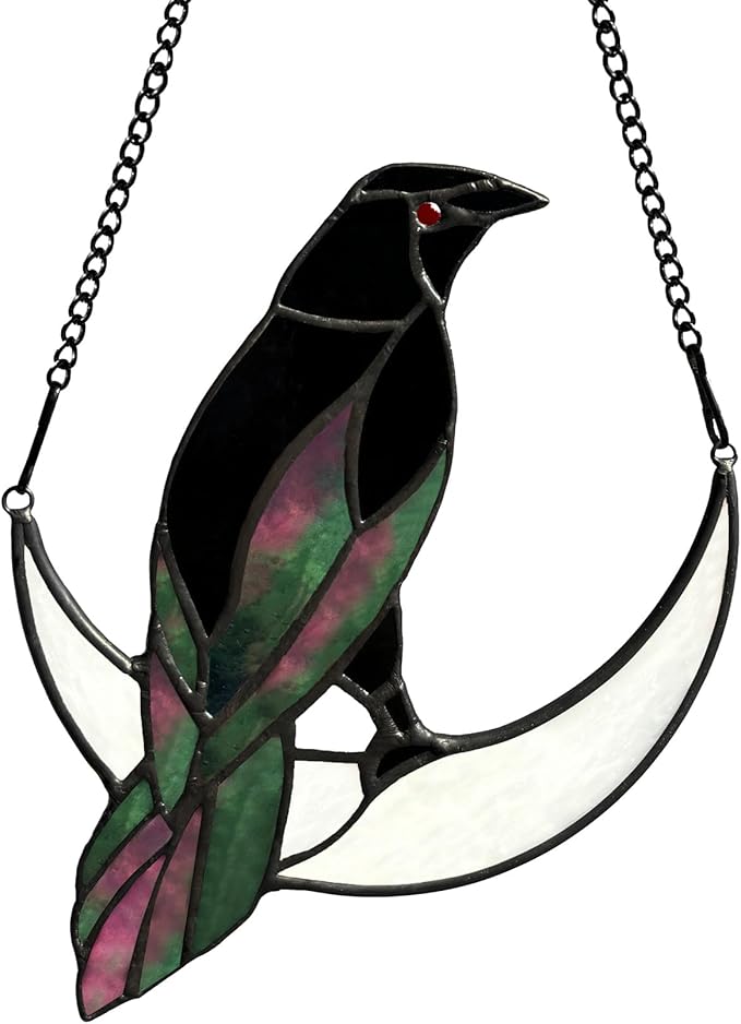 Stained Glass Crow on Moon Decor Window Hangings Ornament, Gothic Raven Suncatcher Halloween Decorations, Handmade Crow Birds Gifts Sun Catchers Indoor Window Home Decor.