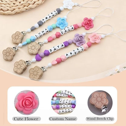 Personalized Flower Pacifier Clip Custom Baby Name Personalized Baby Gift Flower Pacifier Holder Beech Wooden Clip (Style 1)