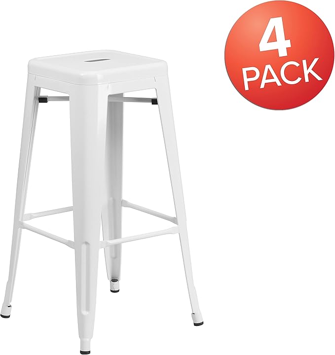 Flash Furniture Lily 4 Pack Commercial Grade 30" High Backless White Metal Indoor-Outdoor Barstool with Square Seat