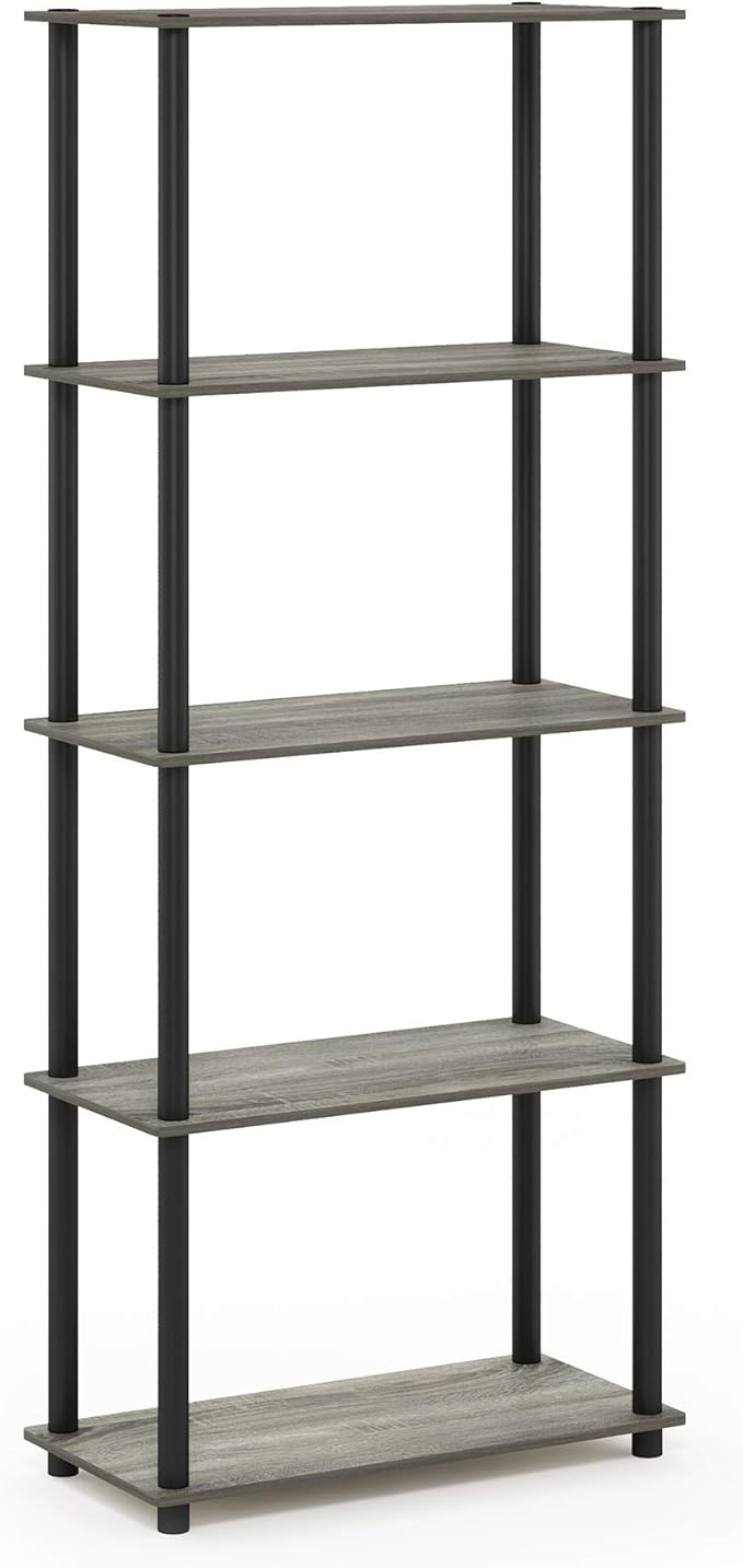 Furinno Turn-N-Tube 5-Tier Multipurpose Shelf / Display Rack / Storage Shelf / Bookshelf, Round Tubes, French Oak Grey/Black