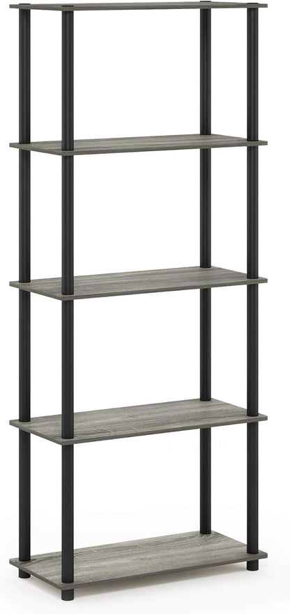 Furinno Turn-N-Tube 5-Tier Multipurpose Shelf / Display Rack / Storage Shelf / Bookshelf, Round Tubes, French Oak Grey/Black