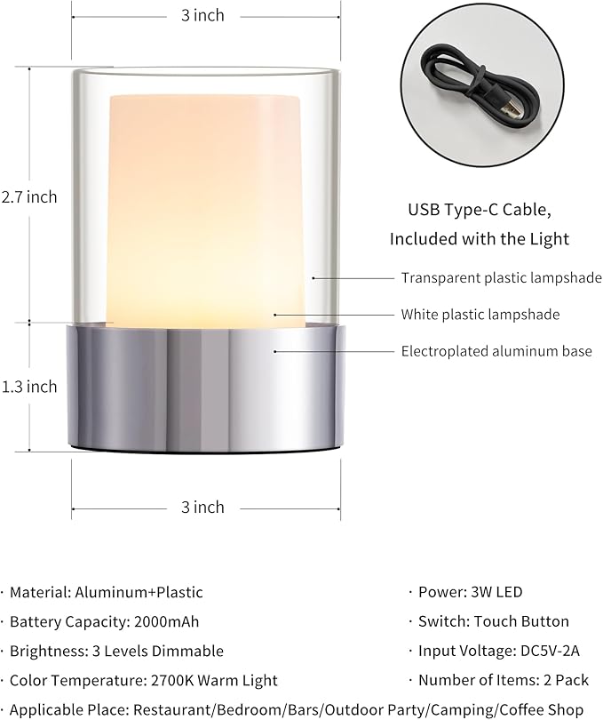 LED 4" inch Touch Night Light for Nursery Baby Kids Set of 2 (Chrome), Small Outdoor Waterproof Lamp for Bathroom Camping, Rechargeable Cordless Table Lamp for Bar Bedside Restaurant Gifts