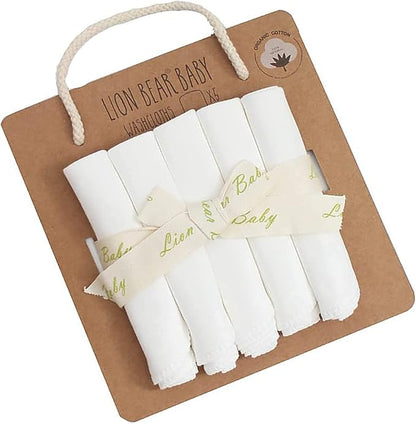 Lion bear 5-Pack Colored Organics Reusable Baby Washcloths, Soft Absorbent Organic Cotton Washable Saliva Towel Face Wipes, Newborn Bath Face Towel, Natural Baby Wipes for Sensitive Skin (White)