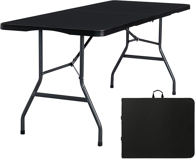 Folding Table 6ft Portable Heavy Duty Plastic Fold-in-Half 6 Foot Foldable Table Utility Dining Indoor Outdoor with Carrying Handle for Camping Picnic and Party, Black