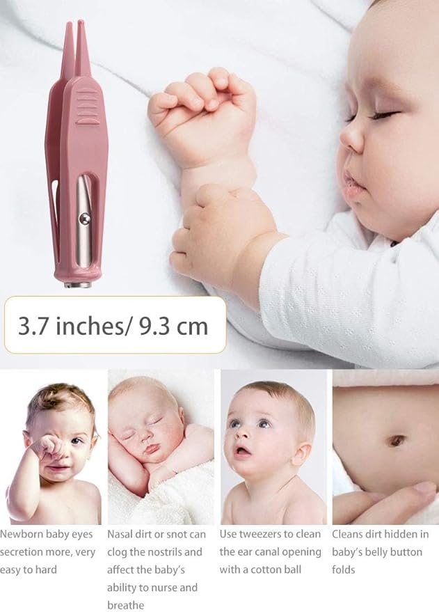 Infant Nose Cleaning Tweezer with LED Light Round-Head Safe and Effective Clip Care Ear Nose Navel Clean Tool Nipper Plier Pincet Forceps for Relieves Stuffy Nose