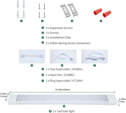 KUKUMAO Utility LED Shop Lights Fixture with Plug 4FT 5000K 36W 3600LM Linkable Waterproof Closet Light Under Cabinet Light Ceiling Tube Light for Garage Kitchen Bathroom Workbench and Office
