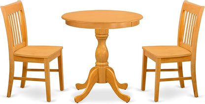 East West Furniture ESNF3-OAK-W 3 Piece Dining Set Contains a Round Dining Table with Pedestal and 2 Kitchen Chairs, 30x30 Inch, Oak
