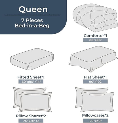 HEVUMYI Queen Comforter Set - 7-Piece All Season Bed in a Bag Queen, Ultra Soft Bedding Set with Comforter, Flat Sheet, Fitted Sheet, Pillowcases, Pillow Shams, Dark Grey & Light Grey