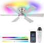 Asyko Silver RGB Ceiling Fan with Light and Remote/APP Control - 46" Flush Mount Low Profile Fan Light, 6 Speeds 3CCT and Reversible, Indoor Ceiling Fan for Bedroom, Party