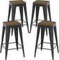 26 inch Backless Bar Stools Set of 4, Indoor Metal Bar Stools with Wood Seat, Industrial Counter Height Barstools for Kitchen Island, Black