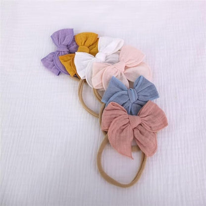 Sugarmelon Original Cotton Gauze Headband for Newborn Toddler Infant Baby Girl Kids Muslin Cotton Hair Bow Headbands Turban Elastic Hair Bands (6 pcs Bow Nylon Headband)