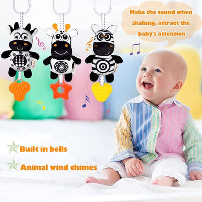KAKIBLIN Baby Hanging Toy,3 Pack Black and White Sensory Toys for for 0 3 6 9 to 12 Months, High Contrast Soft Hanging Crinkle Squeaky Learning Toy with Teether for Boys Girls (21CM, Zebra,Deer&Cow)