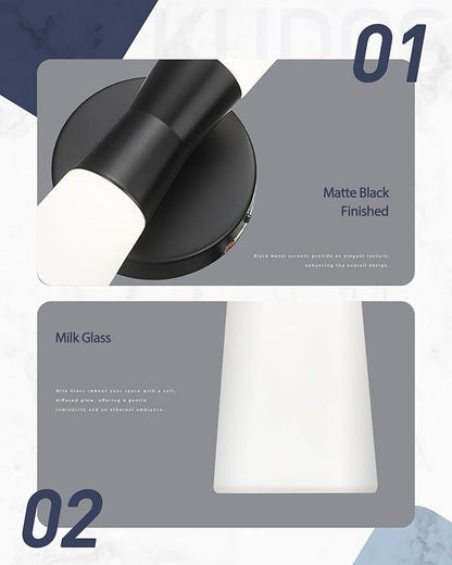 kudos Bathroom Sconces Set of 2, 16inches Black Vanity Light Fixtures, Modern Bathroom Light Fixtures with Milk White Glass, Dimmerable 3000K/4000K/5000K for Bedroom Hallway, KDVL13-BK-2PK