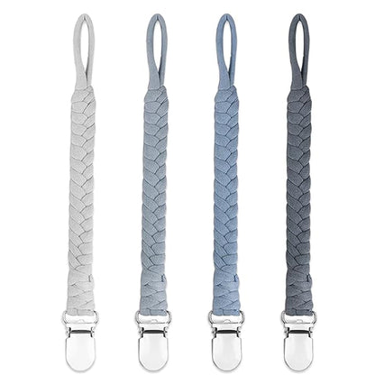 4 Pcs Pacifier Clip, Pacifier Clips for Boys & Baby Girls Pacifier Holder Clip Binky Clips Braided 100% Handmade Fits All Pacifiers(Grey, 4 Pack)