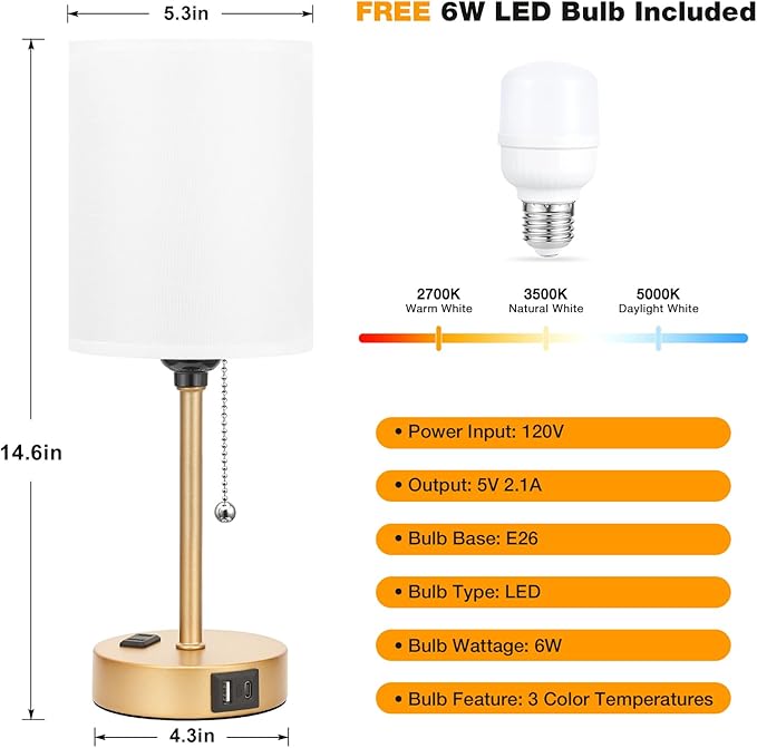 Dicoool Small Bedside Lamps 3 Color Modes - 3000K 4000K 5000K Bedroom Lamps with USB C and A Ports, Pull Chain Gold Table Lamps with AC Outlet, Nightstand Lamps with Gold Metal Base for Kids Reading