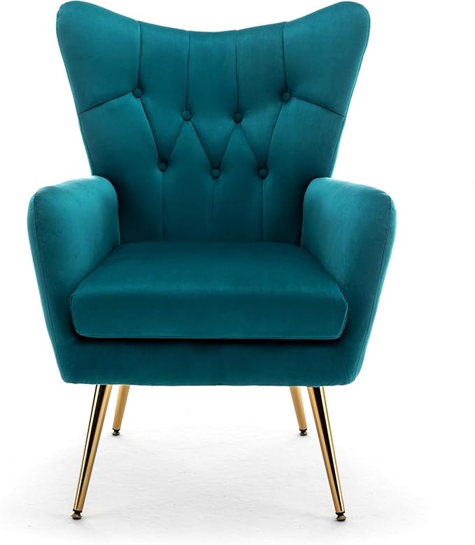Container Furniture Direct Modern Chic Mid-Century Velvet Accent Armchair for Living Room, Bedroom, or Home Office, Button-Tufted Wingback Design with Gold Flared Legs, Dark Teal