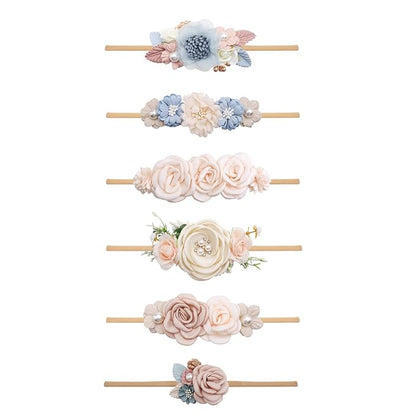 Baby Girl Flower Headband 6 PCS Elastic Hairbands Handmade Nylon Bows Headbands Chic Floral Hair Accessories Kids Gifts for Newborn Infant Toddlers