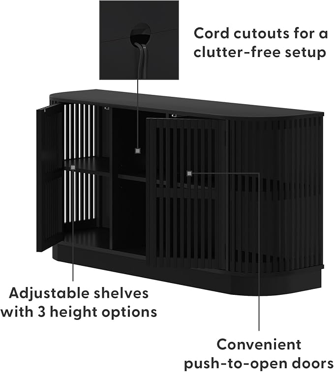 Plank+Beam Contour Wood TV Stand, Two Door Solid Wood Entertainment Console with Storage, 59" L x 16" W x 30" H, Black