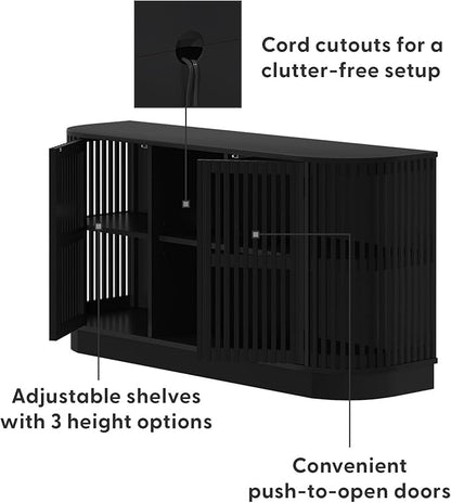 Plank+Beam Contour Wood TV Stand, Two Door Solid Wood Entertainment Console with Storage, 59" L x 16" W x 30" H, Black
