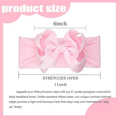 6'' Jumbo Pink Baby Girls Bow Headbands, Handmade Grosgrain Moonstitch Boutique Baby Headwraps, Super Stretchy Soft Nylon Headbands for Newborns, Infants & Toddlers