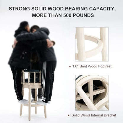 Cow top Leather Wooden Bar Stools, 360 Degree Swivel Bar Height Chair with Backs for Home Kitchen Counter, Morden Chair Barstools (Ivory Wood 1pc-Blue Seat, Bar Height-Seat Height 29.5”)