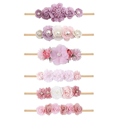 OOSAKU Baby Girl Flower Headbands Set Elastic Floral Headbands 6pcs Soft Nylon Hair Band for Newborn Toddler Hair Accessories