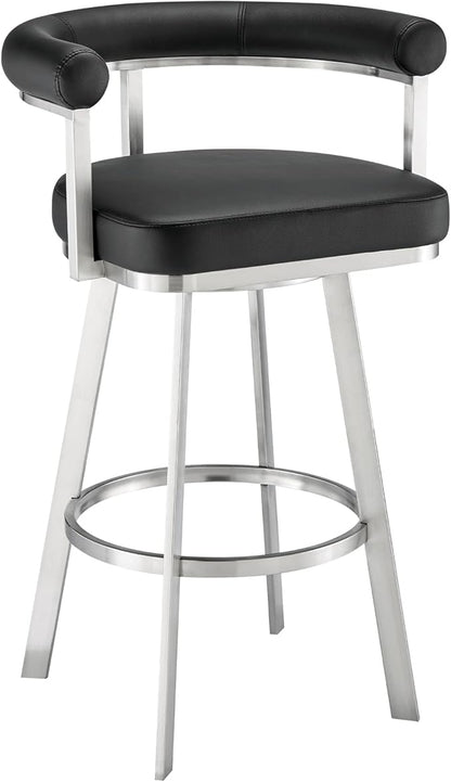 Armen Living Magnolia Swivel Bar Stool in Brushed Stainless Steel with Black Faux Leather